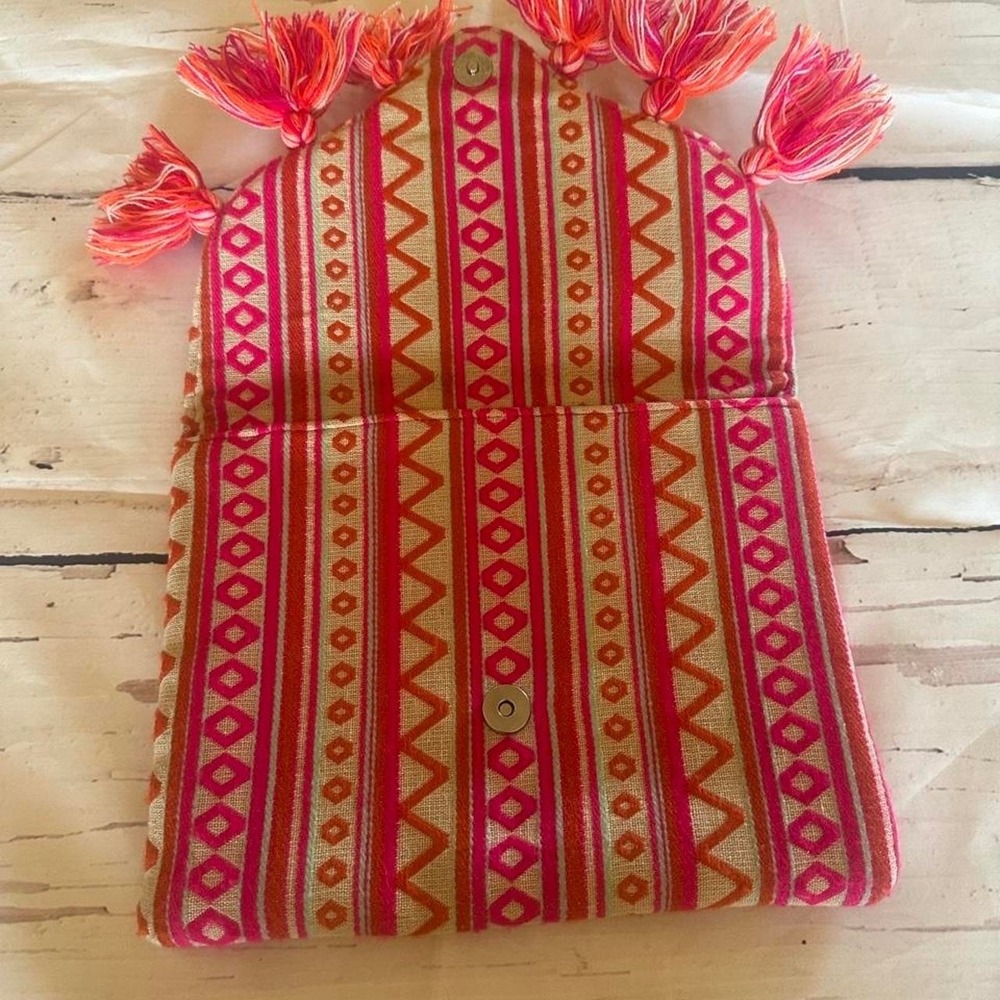 Mudpie Pink and orange embroidered geometric patterned clutch with tassels - Picture 2 of 8